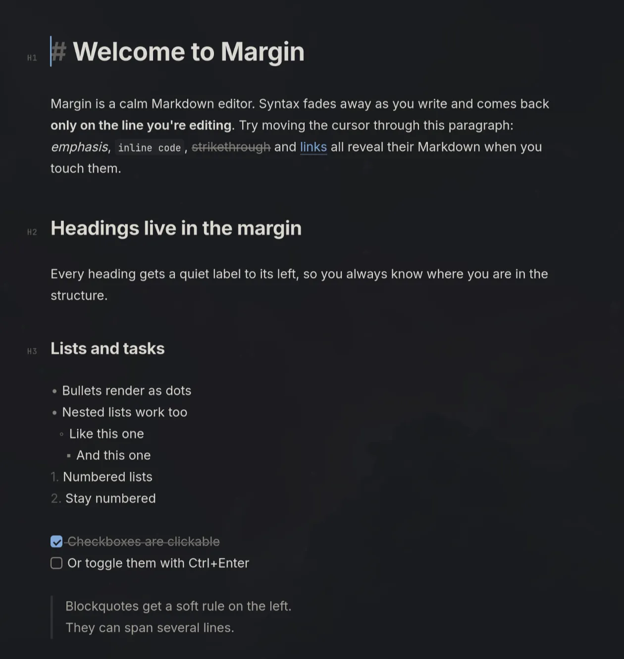 Margin editing a document in dark mode, with H1, H2, and H3 labels in the left margin, rendered lists, checkboxes, and a blockquote